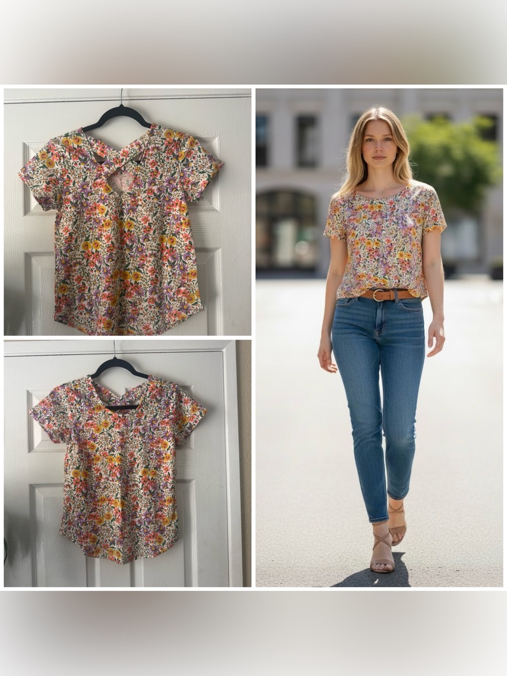 NEW bobeau Floral Short Sleeve Polyester Blend Blouse Criss Cross Back, XSP